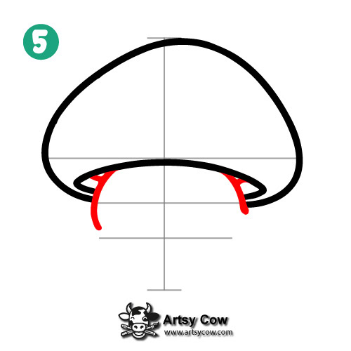 cute frog drawing tutorial mushroom hat, step 5, detailing the underside of the mushroom hat with curves.